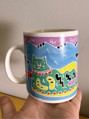 Judith Geiger Chaleur Mug 1987 Colorful Cats Art Pottery Coffee Cup Retro‎ 80s